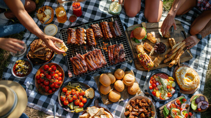 Assortment of delicious meat, ribs bursting with flavor, and an array of baked potatoes and sides on picnic blanket.
 - obrazy, fototapety, plakaty