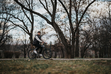 Young male teenager riding a bicycle outdoors, experiencing leisure and freedom in a natural park environment during dusk.