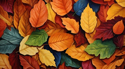 A pile of autumn leaves, each one displaying a unique texture and color variation, ready to be shuffled by playful feet