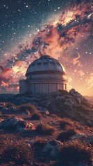 Abandoned star observatory, ruins under cosmic sky, lost knowledge, 