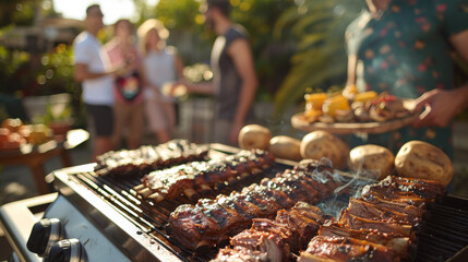 Friends gathered around a patio BBQ grill. The grill overflows with an assortment of delicious burgers, ribs bursting with flavor, and an array of baked potatoes.