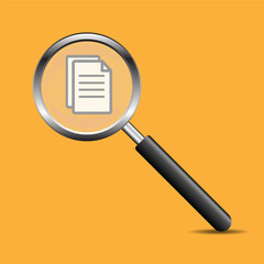 Magnifying glass find document isolated on yellow background. Vector Illustration.