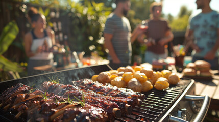 Friends gathered around a patio BBQ grill. The grill overflows with an assortment of delicious burgers, ribs bursting with flavor, and an array of baked potatoes. - obrazy, fototapety, plakaty