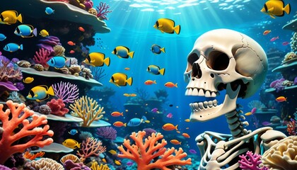 An intriguing image of a skeleton among colorful reef fish in an underwater setting, evoking a sense of fantasy and marine life.. AI Generation