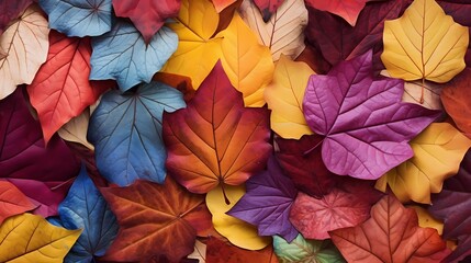 A pile of colorful autumn leaves, each with its own unique texture and shape - obrazy, fototapety, plakaty