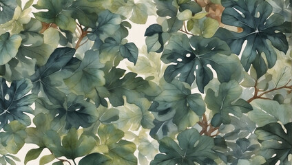 Watercolor pattern wallpaper showcasing a lush rainforest canopy.