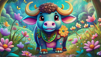 OIL PAINTING STYLE Buffalo cartoon character with flowers and butterflies at a meadow, animal,
