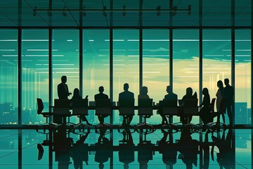 group of business people in silhouette having an office meeting at the conference table, with large windows overlooking the city lights and skyline view