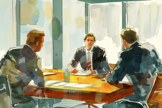In the meeting room, three men in suits were sitting around an office table discussing business projects. The illustration style is hand drawn with watercolor techniques