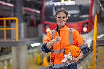 Portrait engineer women electric train underground locomotive service maintenance staff worker standing thumbs up smiling in train depot.