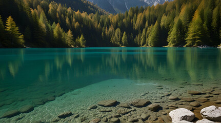 Branches of maple trees in front of lakes Laghi di Fusine (Weissenfelser Seen) in Northern.generative.ai - obrazy, fototapety, plakaty