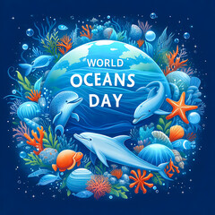 A poster for World Oceans Day featuring sea creatures such as dolphins, corals, sharks, and...