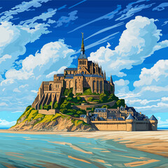 Mont Saint-Michel hand-drawn comic illustration. Mont Saint Michel. Vector doodle style cartoon illustration