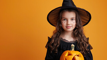 Magician young girl wearing black costume and halloween makeup holding carved pumpkin , isolated on orange background 
