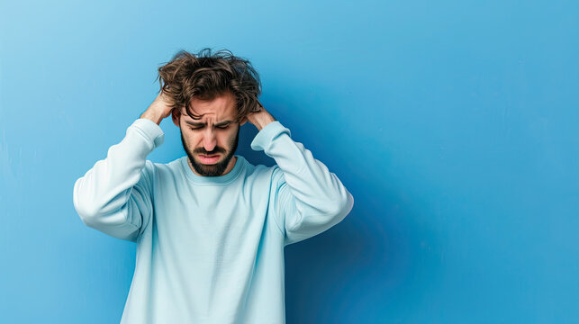 Man feeling anxious and tormented on pastel blue background