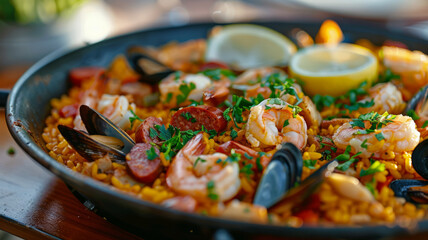 Seafood paella in a pan with lemon garnish - obrazy, fototapety, plakaty