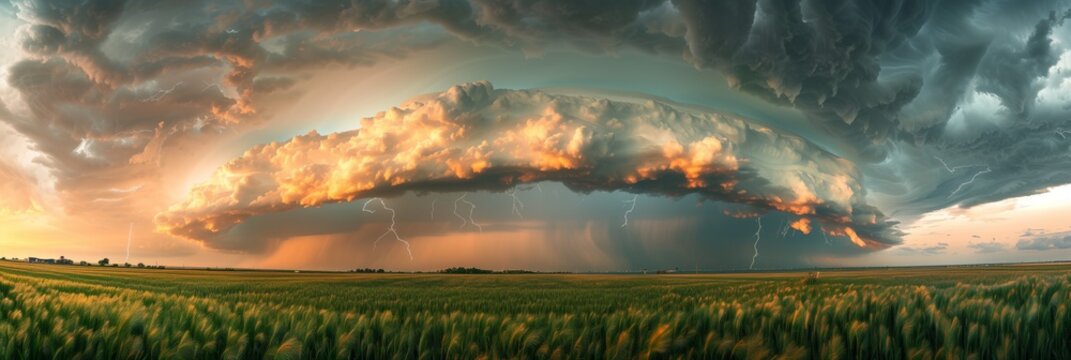Panorama of a massive mesocyclone weather supercell, which is a pre tornado stage, passes over a grassy tornado sunset color
