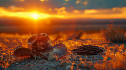 Cowboy hat and lasso at sunset. - obrazy, fototapety, plakaty