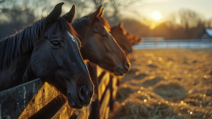 Three horses at sunset on a farm.