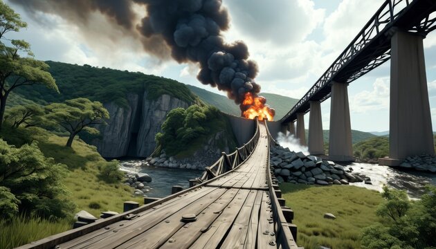 Digital artwork of a train bridge explosion, with smoke billowing into the sky above a scenic river valley. AI Generation
