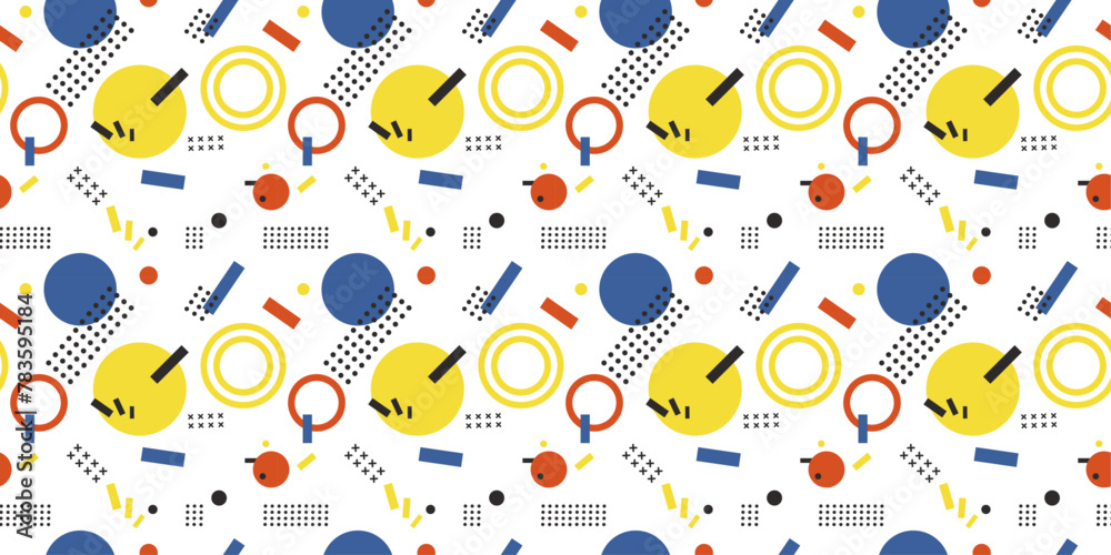 Poster Repeating Memphis pattern. Vector geometric memphis made from colored shapes.