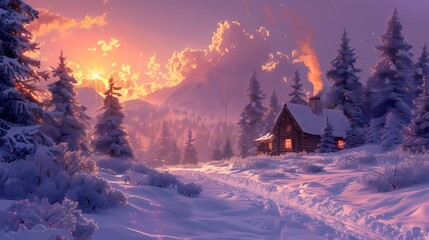 A rustic Merry Christmas background with a wooden cabin in a snowy forest, smoke rising from the chimney, and a cozy glow emanating from the windows - obrazy, fototapety, plakaty