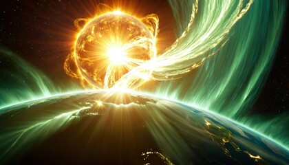 A breathtaking digital art piece showcasing a powerful solar flare and vibrant aurora over Earth's night-side, illustrating a dramatic space weather event.. AI Generation - obrazy, fototapety, plakaty