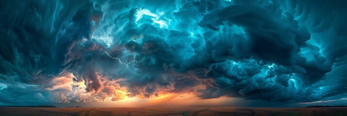 Panorama of a massive mesocyclone weather supercell, which is a pre tornado stage, passes over a grassy tornado sunset color - obrazy, fototapety, plakaty