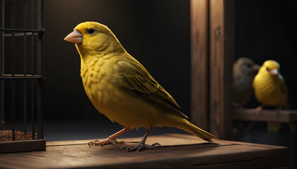 A vibrant depiction of a canary, rendered with thick layers of paint to emphasize its bright yellow feathers and delicate features. The scene captures the canary&rsquo;s lively and cheerful presence in a na