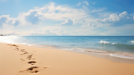 Fototapeta na wymiar A sandy beach with footprints leading towards the sparkling ocean