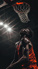 Slam Dunk. Junger afrikanischer Sportler, Basketballspieler, der in der Turnhalle trainiert, isoliert auf dunklem Hintergrund mit Scheinwerfern. 
