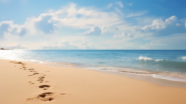 A sandy beach with footprints leading towards the sparkling ocean