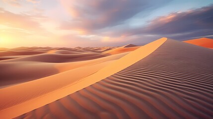 A sandy desert landscape with ripples in the sand created by the wind, stretching out towards the horizon - obrazy, fototapety, plakaty
