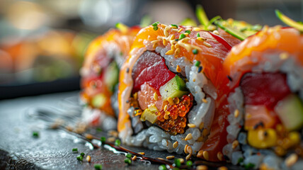Close-up of assorted sushi rolls