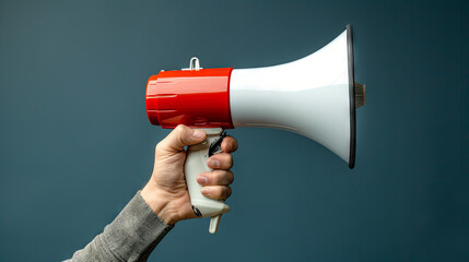 A hand holding a megaphone for making loud announcements against an isolated blue background - obrazy, fototapety, plakaty