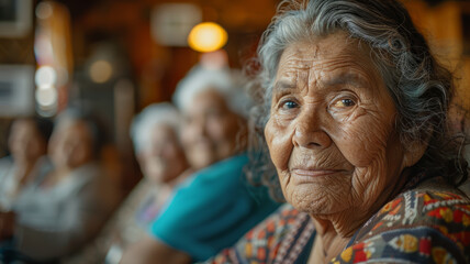 Elderly woman smiling, others in background