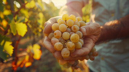 Hands holding a bunch of grapes in a vineyard