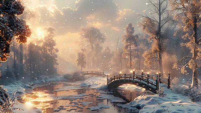 A serene Merry Christmas background with a snowy forest, a small wooden bridge over a frozen river, and a peaceful sense of winter tranquility