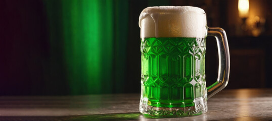 Green Beer on Table: St. Patrick's Day Celebration - obrazy, fototapety, plakaty