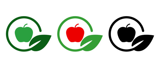 Natural organic food stamp symbol of apple fresh ingredients green red and black