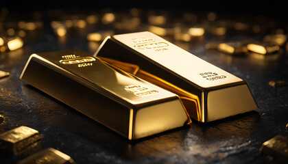 Rows of gold bars gleaming in the light. Generative AI.

