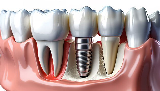 Dental implant in good lighting. Cross-section of an artificial jaw. Dentistry. Generative AI.

