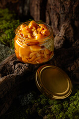 Homemade pickled honey mushrooms in a glass jar.