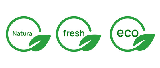 Natural fresh eco circle leaf green label emblem sticker stamp - obrazy, fototapety, plakaty