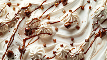 Whipped cream, frozen yogurt or soft ice cream with chocolate sauce and hazelnuts background texture