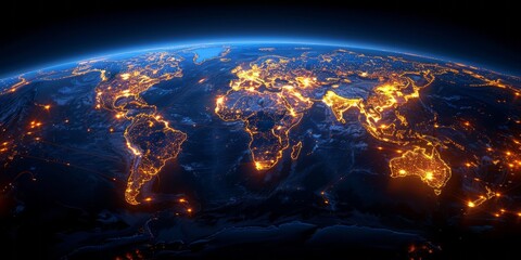 Highly detailed planet Earth at night. illuminated by light of cities. surrounded by a luminous network. representing the major air routes based on real data. 