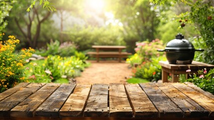 Garden space and table with grill - obrazy, fototapety, plakaty