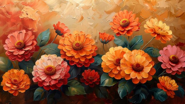 Oil paintings of abstract Zinnias flowers and leaves. Sprinkled paint on smooth paper, giving the paper a golden texture. Prints, wallpapers, posters, cards, murals, rugs, hangings, wall art, posters