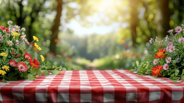 Wooden table with checkered red picnic on top cloth on blurred natural background wmpty space.