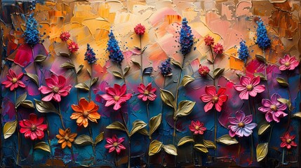 Fototapeta premium Bee Balm flowers and leaves. Oil paintings of abstract. Sprinkled paint on smooth paper, giving the paper a golden texture.